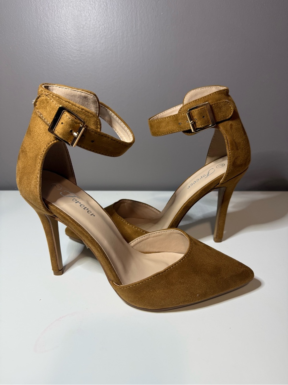 Forever 21 Tan Suede Pointed-Ankle Strap Stiletto Heels
